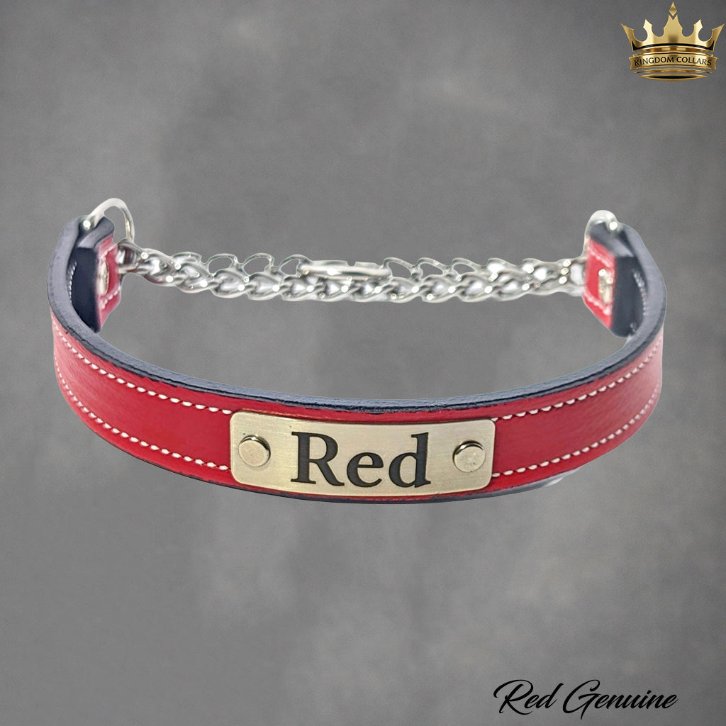 A red leather dog collar with a silver metal chain and a gold-colored nameplate engraved with 'Red'.