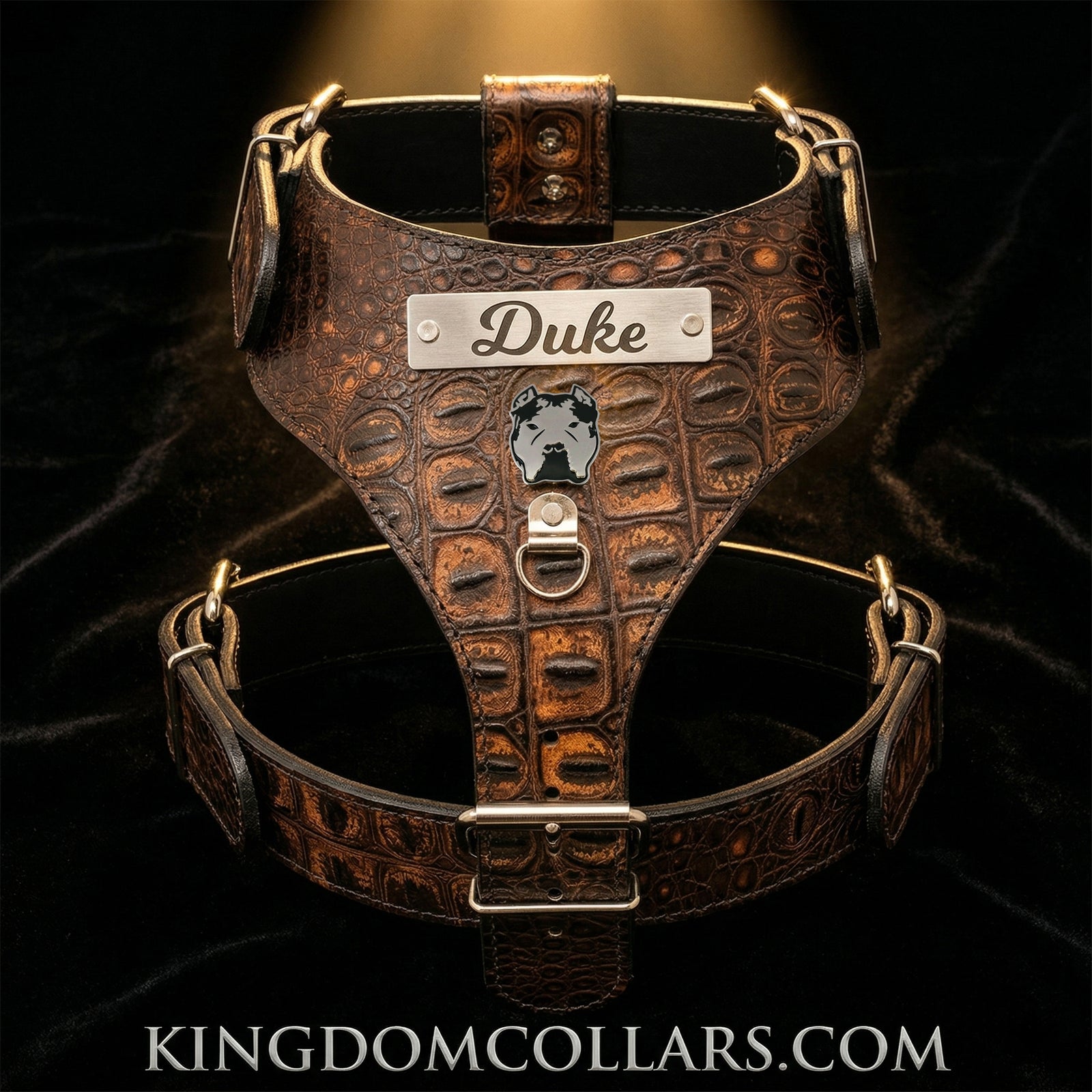NH12 - Custom Italian Leather “Bully” Dog Harness with Engraved Name Plate