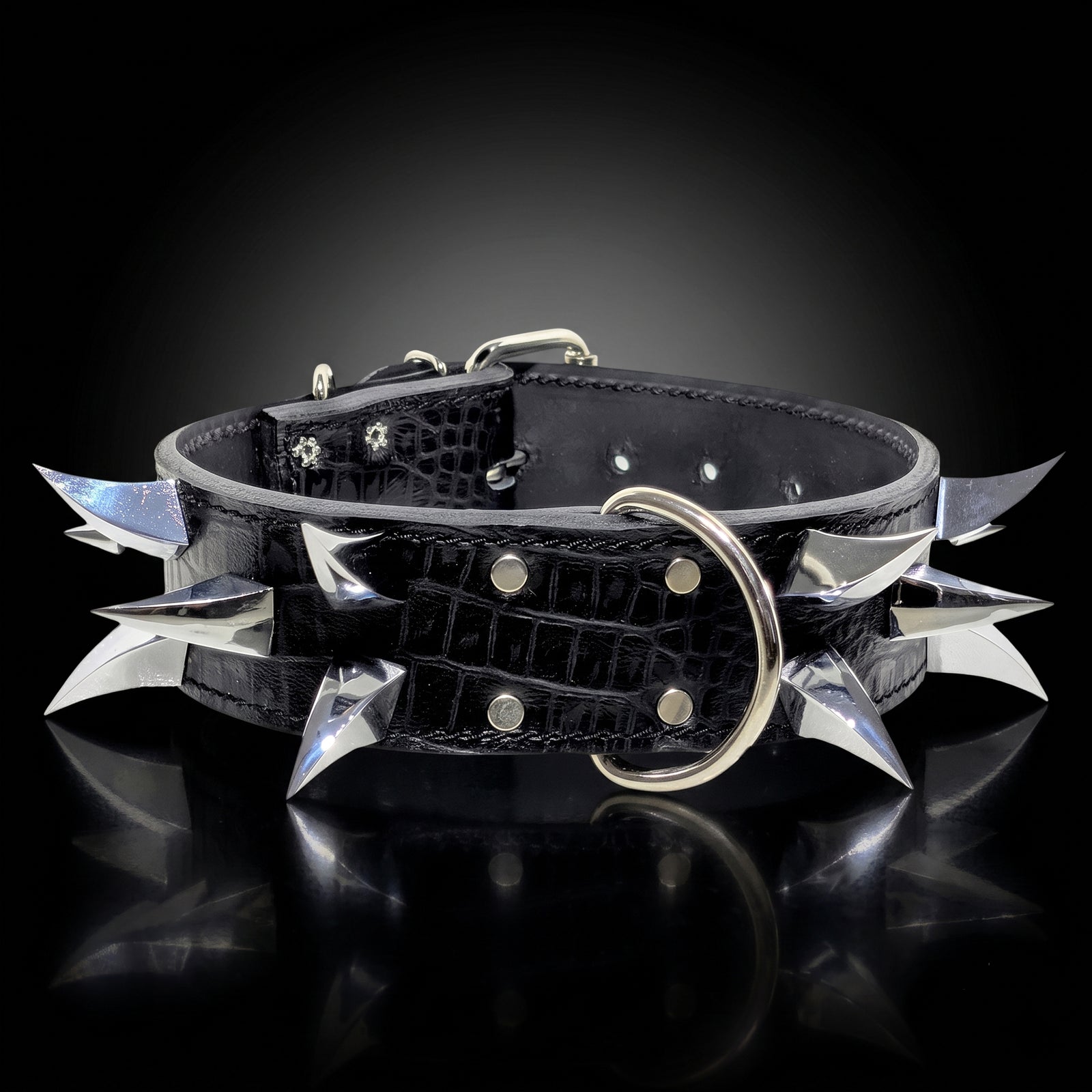 A black crocodile-embossed leather collar with sharp silver metal spikes and a large silver D-ring buckle, displayed on a reflective black surface.