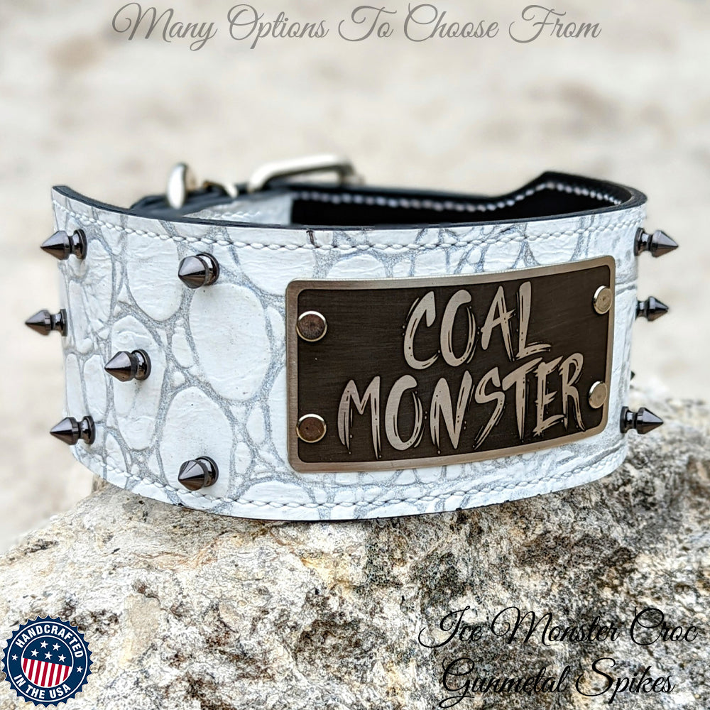 NX1 - Collar de cuero con pinchos y placa de identificación personalizada para perros - 3" de ancho