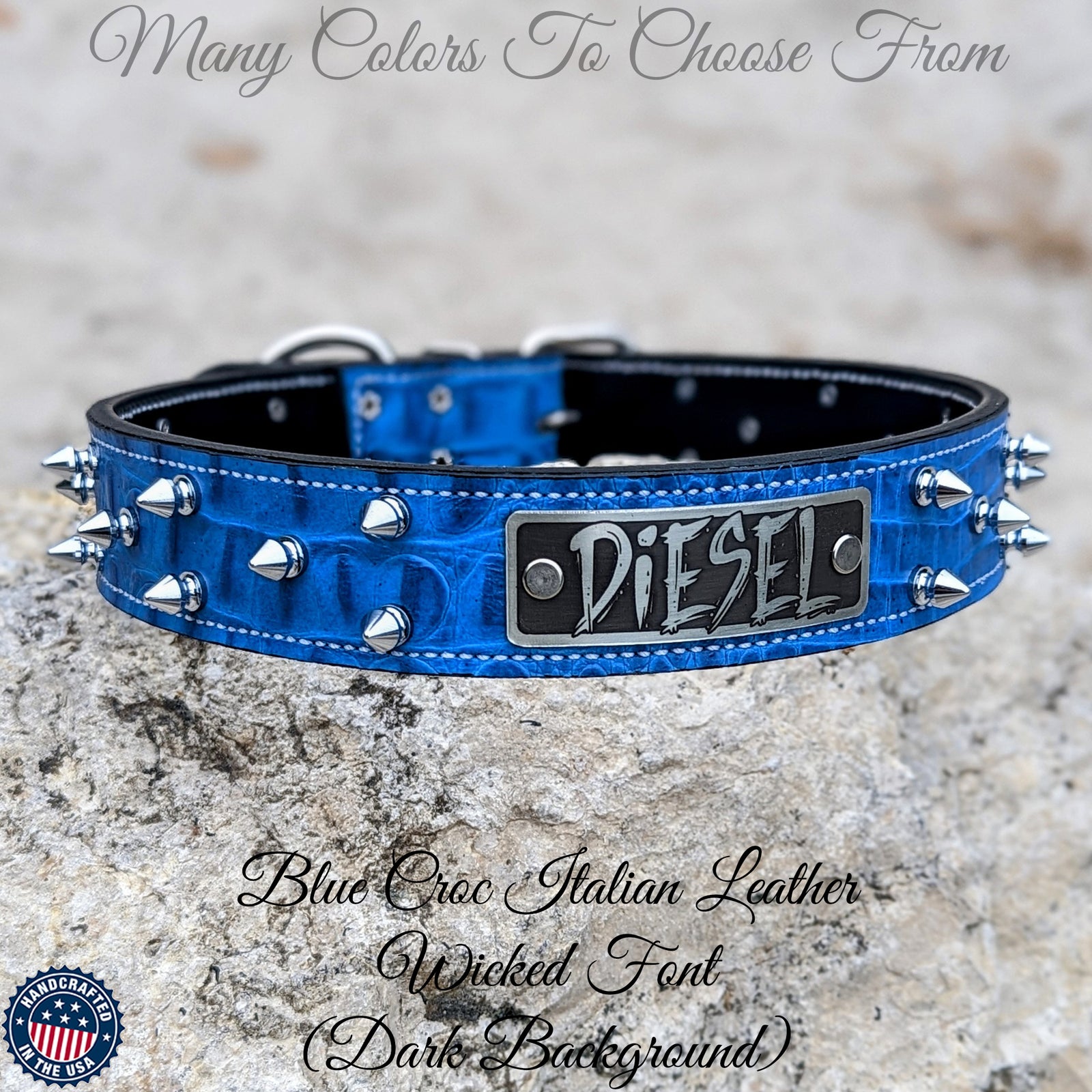 N14 - Collar para perro de cuero con pinchos de 1,5" de ancho y placa de identificación personalizada