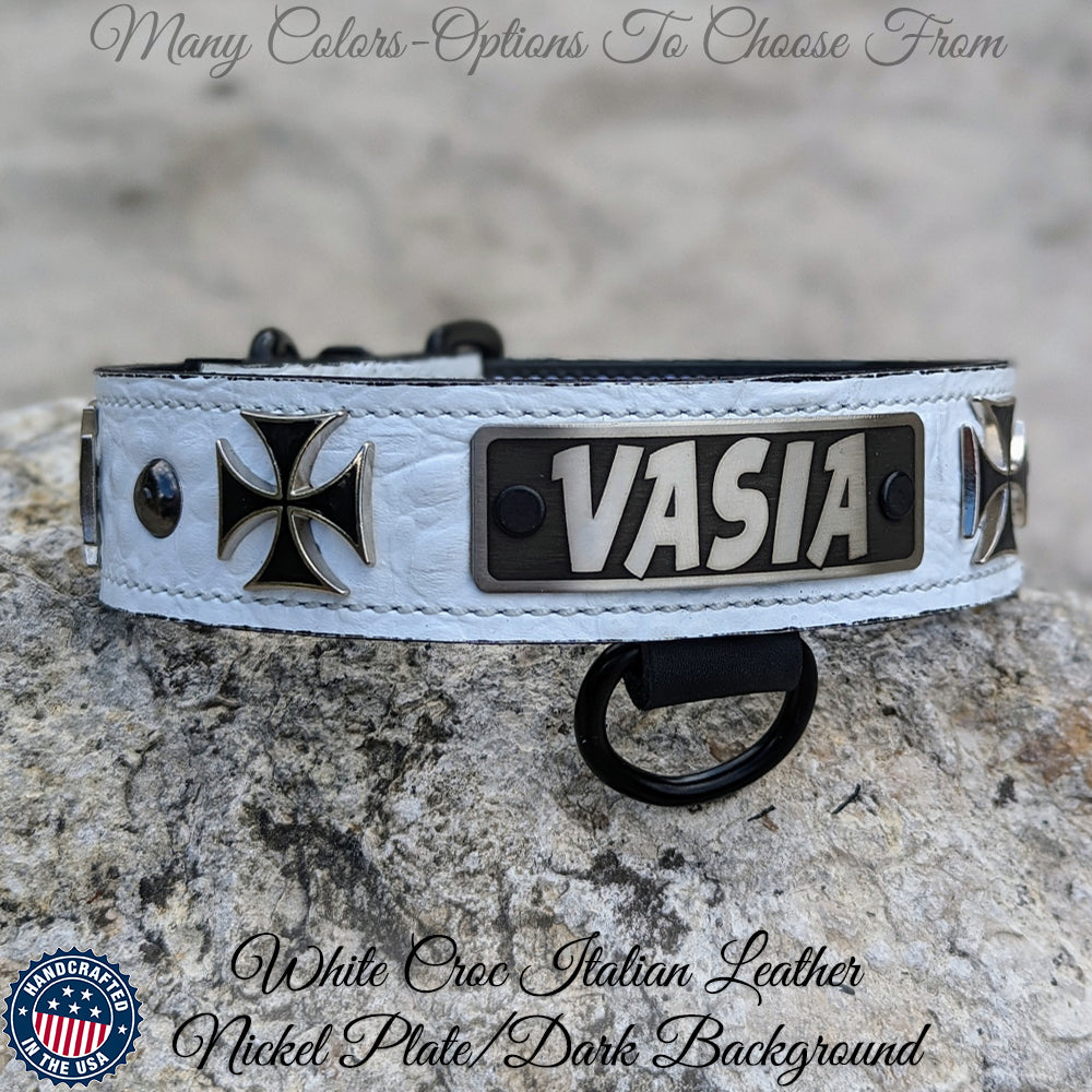 Collar de cuero para perro con placa de identificación personalizada y cruz de hierro de 1,5" de ancho - VN48