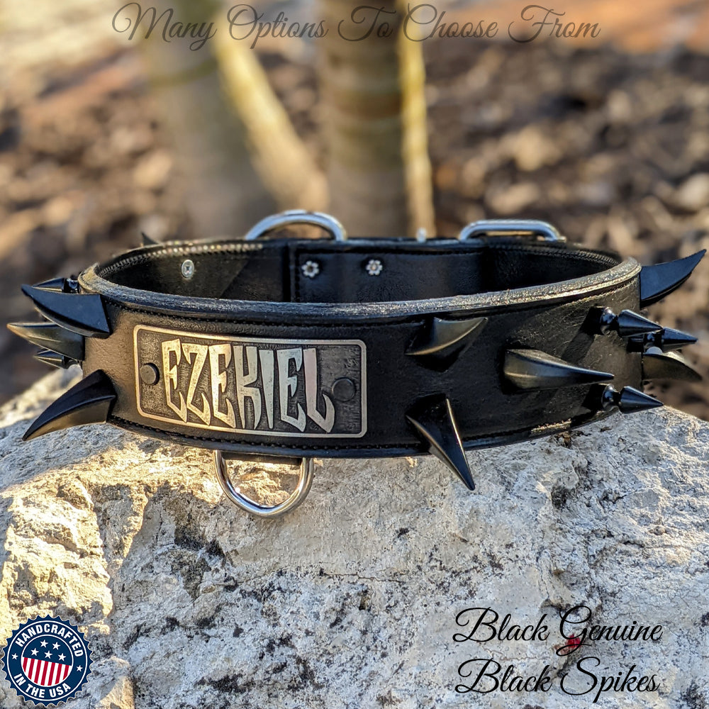 WN14 - Collar de cuero para perros de 2" de ancho con púas y placa con nombre