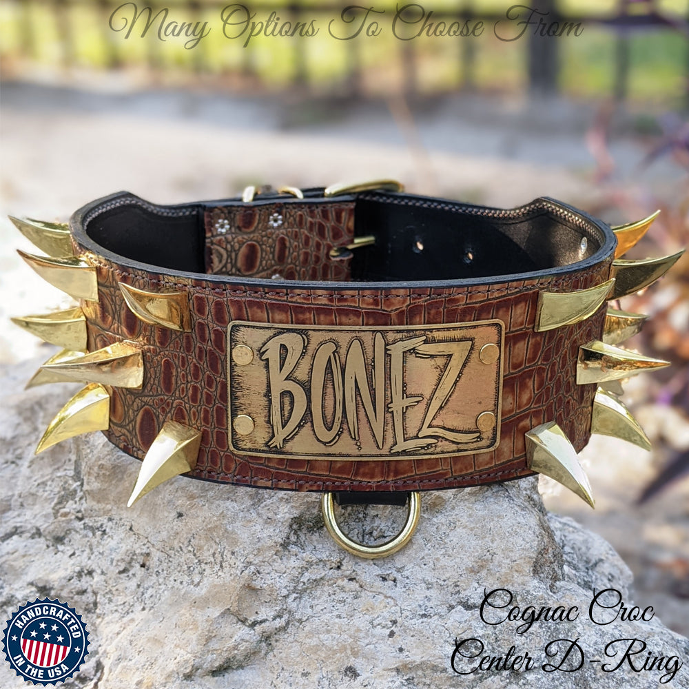 X49 - Collar de cuero con púas de dragón personalizado de 3"