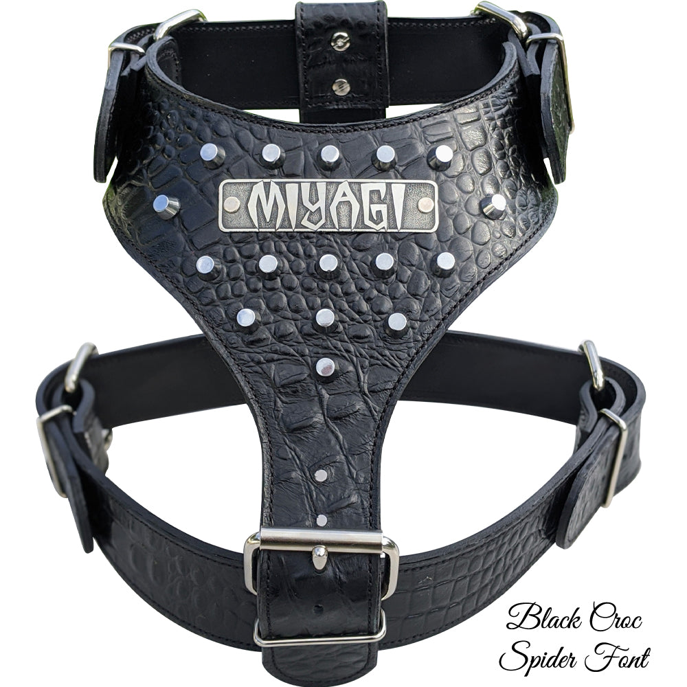 NH11 - Leather Dog Harness Personalized Name Plate and Bucket Studs