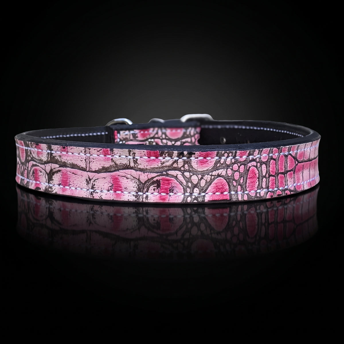 A pink and black reptile-patterned dog collar with silver metal hardware, displayed on a reflective black surface against a dark background.
