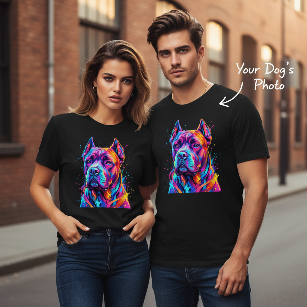 Custom Neon Pop Art Dog Portrait T-Shirt — Personalized Pet Photo Tee