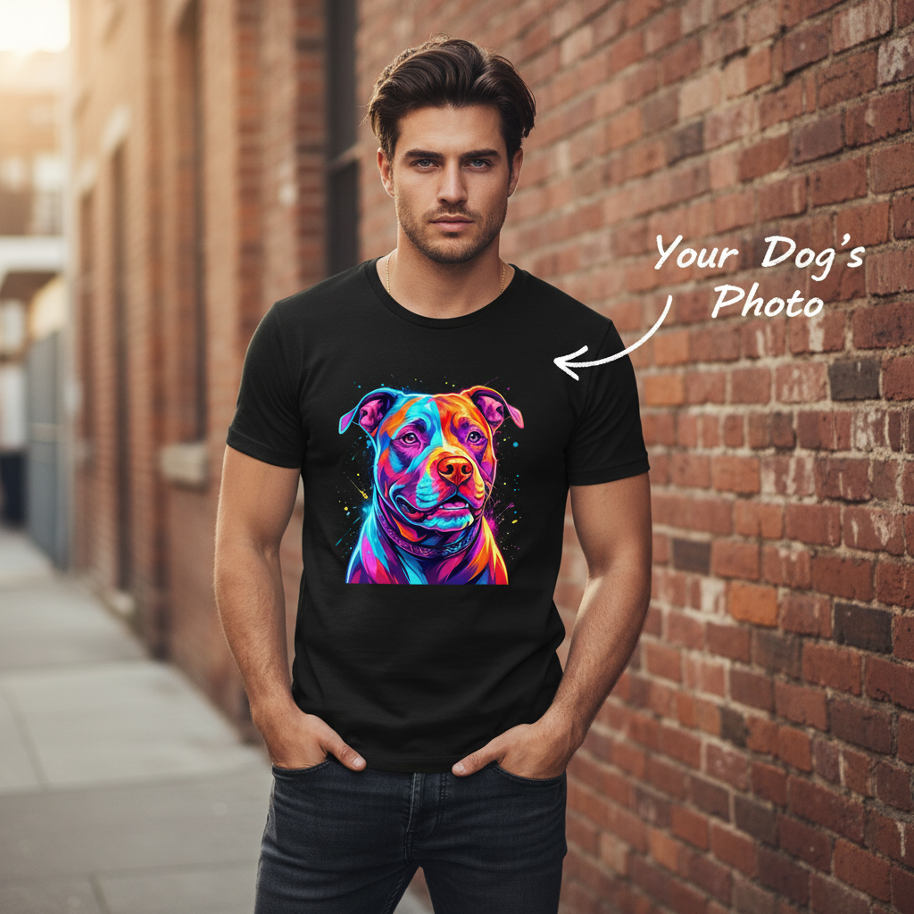 Custom Neon Pop Art Dog Portrait T-Shirt — Personalized Pet Photo Tee
