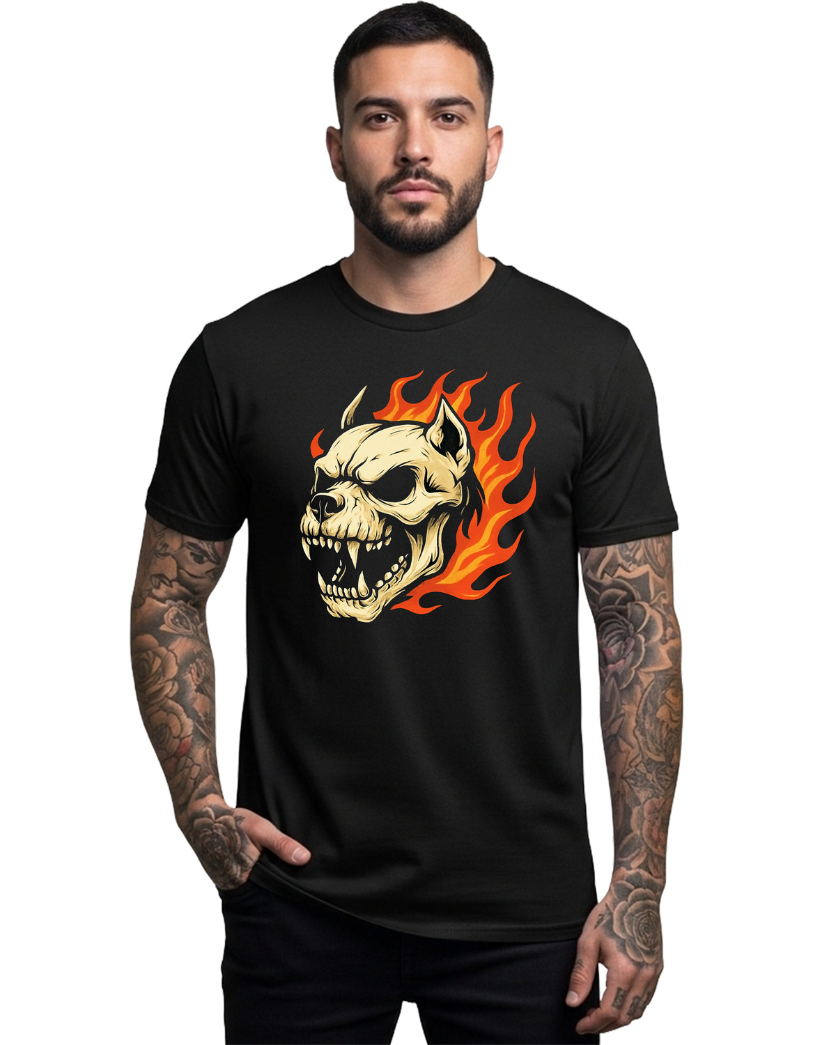 Fiery Dog Skull Graphic Tee | Black | Direct-to-Garment Print | Bella Canvas 3001