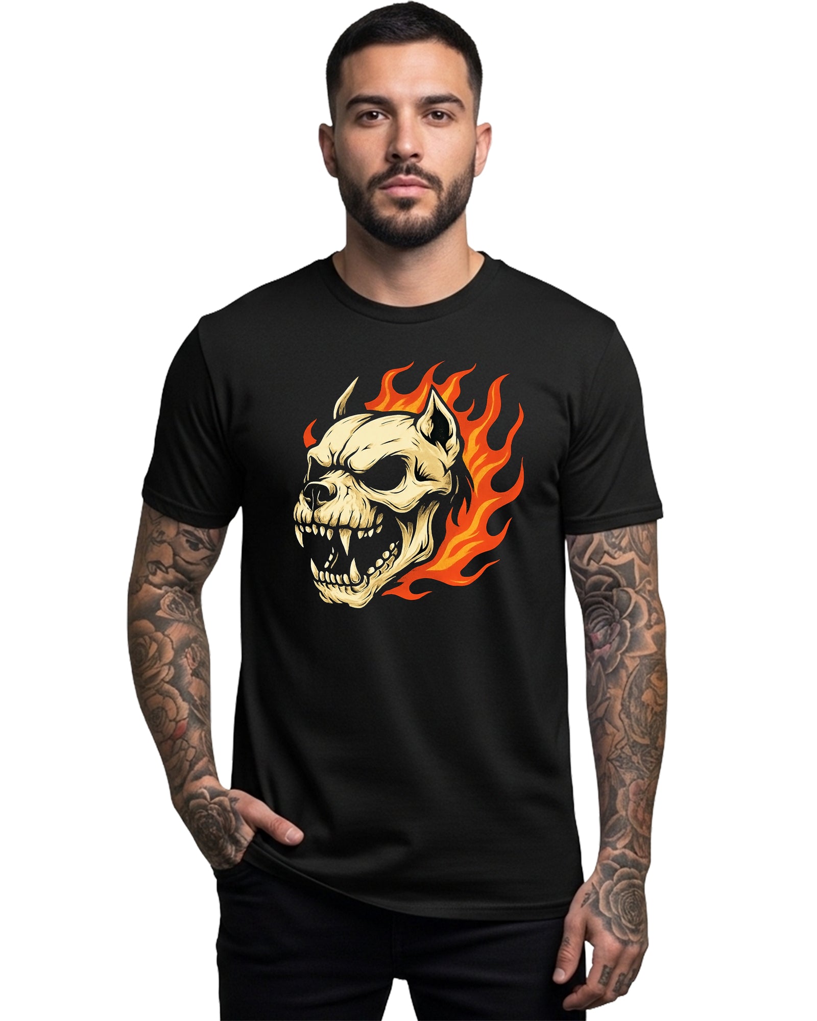Fiery Dog Skull Graphic Tee | Black | Direct-to-Garment Print | Bella Canvas 3001
