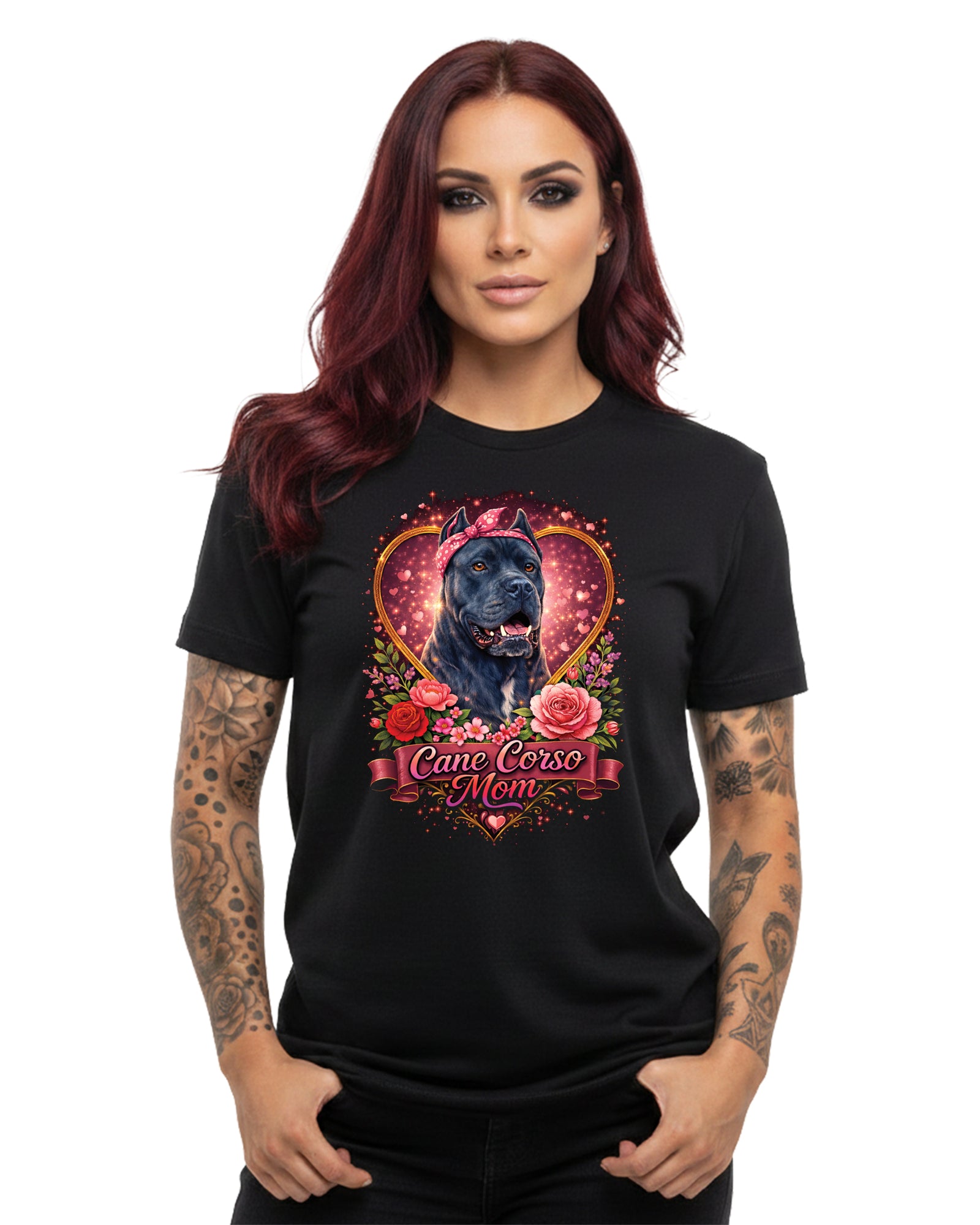 Cane Corso Mom Heart & Roses Graphic Tee | Black | Direct-to-Garment Print | Bella Canvas 3001