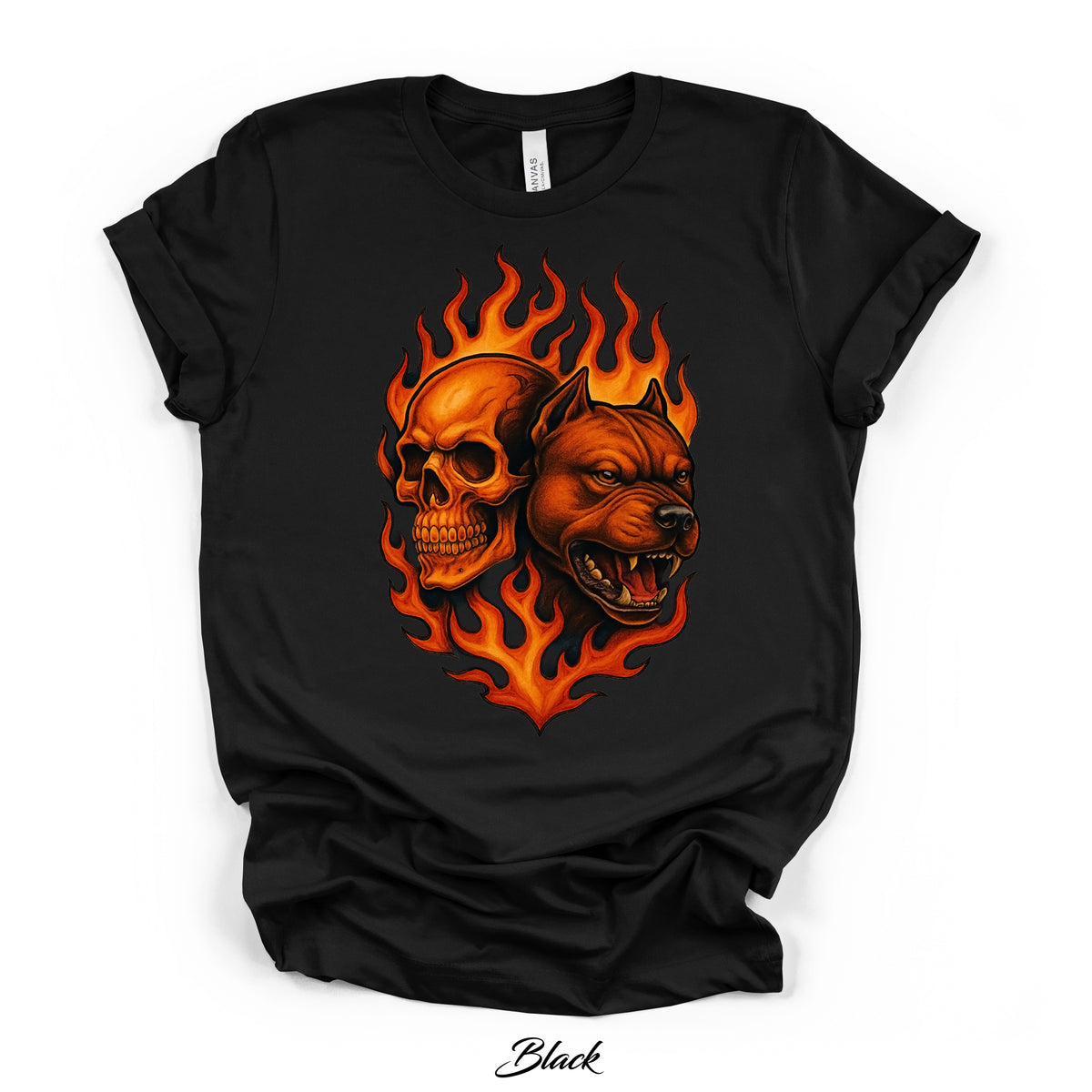 Flaming Pit Bull Skull Graphic Tee | Black | Direct-to-Garment Print | Bella Canvas 3001