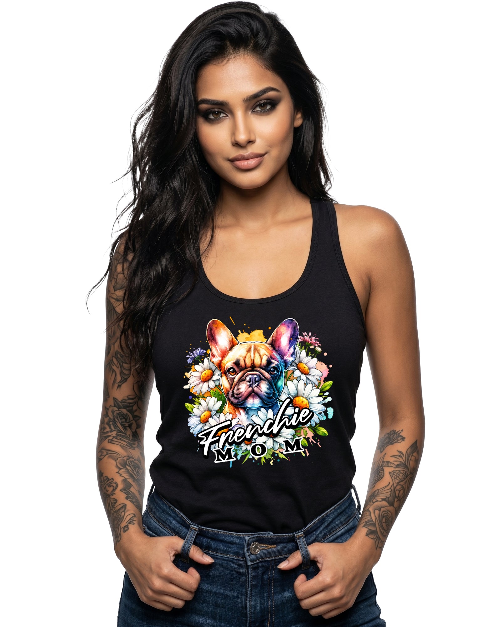 Frenchie Mom Floral Racerback Tank Top | Next Level 1533 | 4 Colors