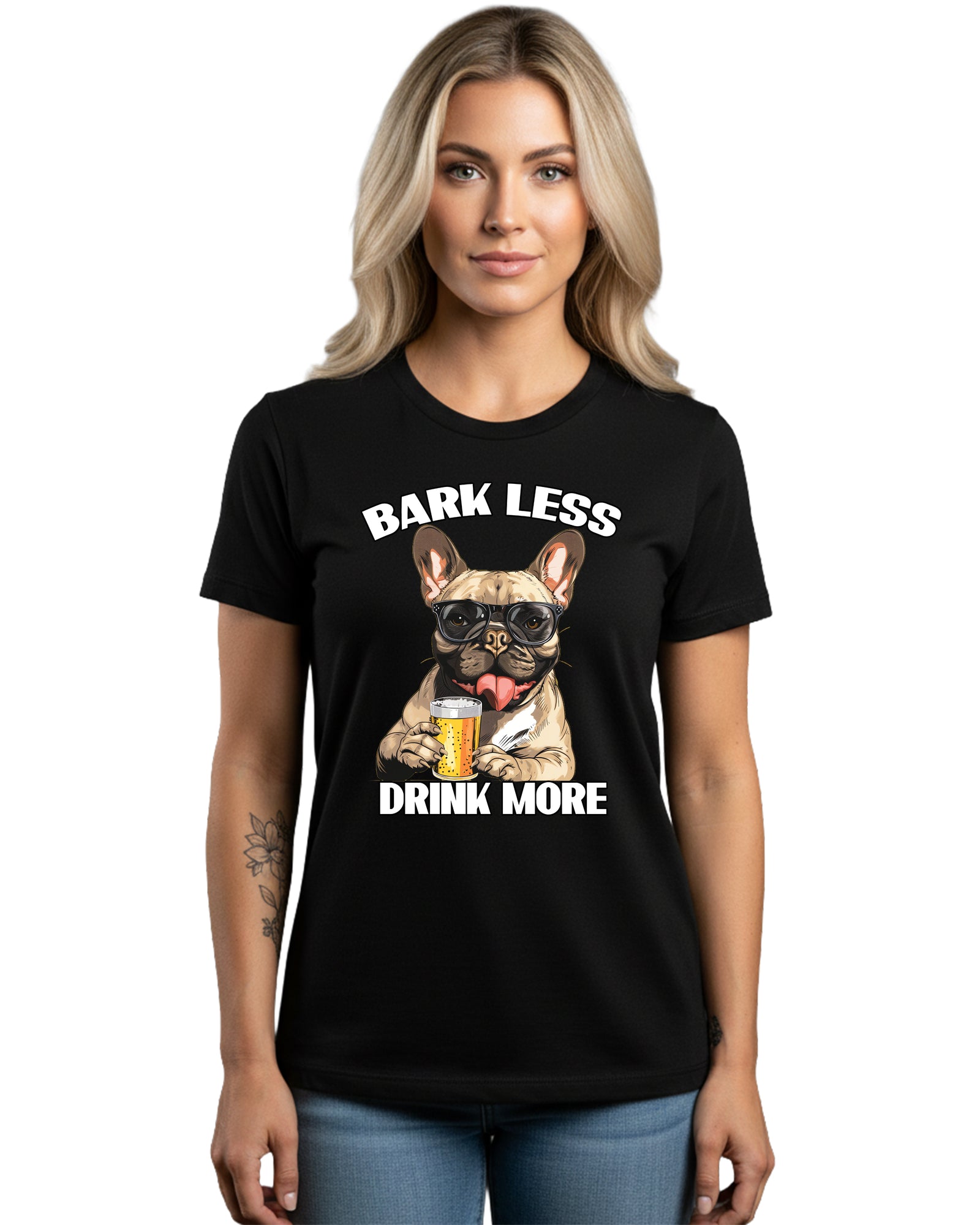 Bark Less Drink More French Bulldog Graphic Tee | Bella Canvas 3001 | 4 Colors