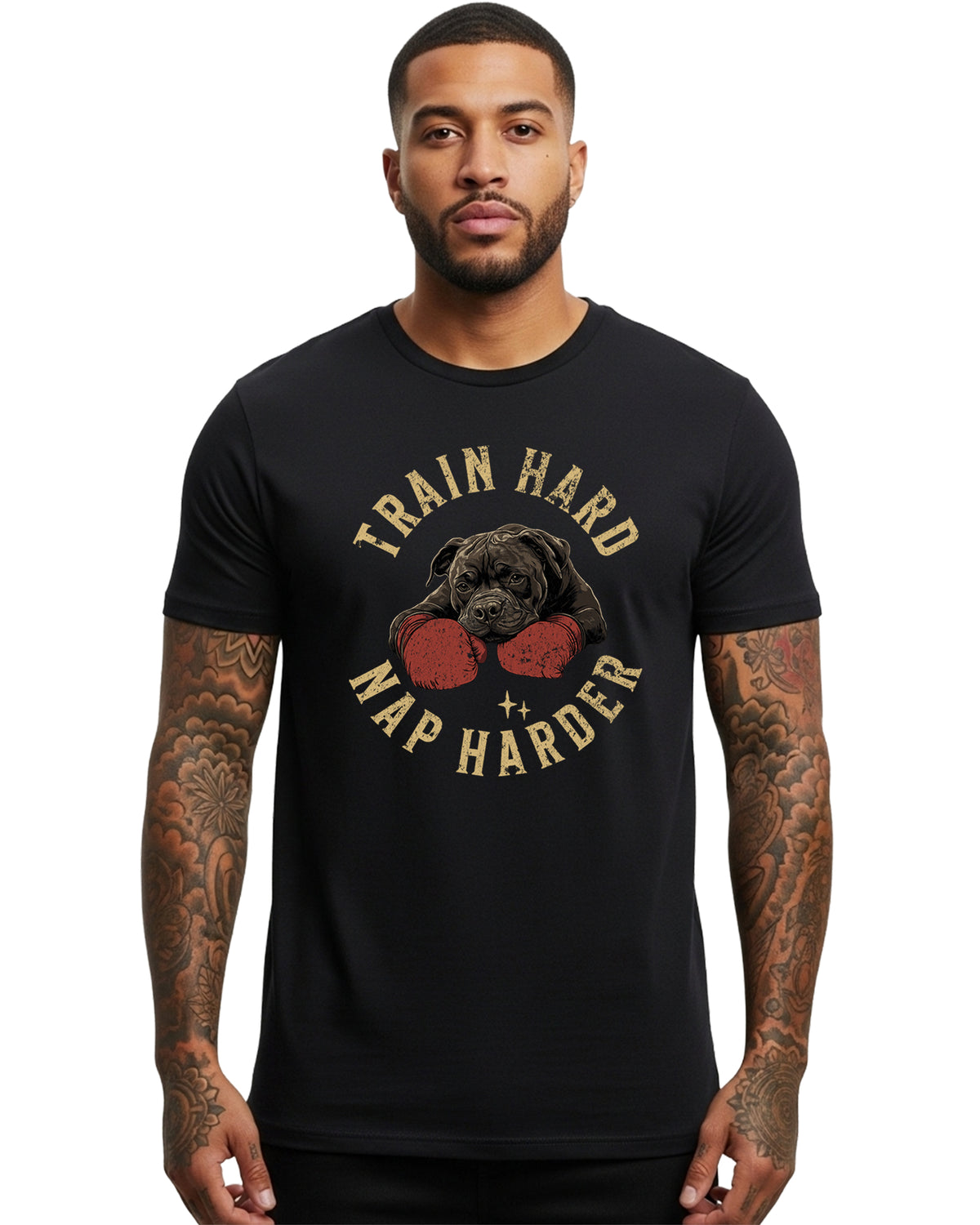 Train Hard Nap Harder Graphic Tee | Black | Direct-to-Garment Print | Bella Canvas 3001CVC