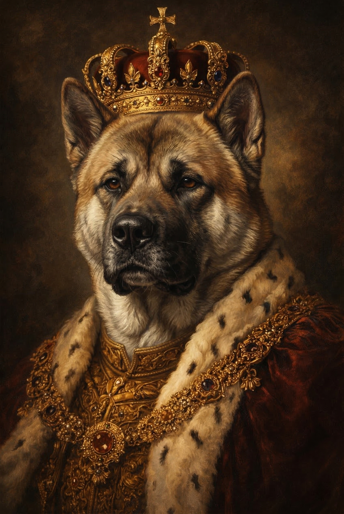 Dog wearing a crown and ornate robe on a dark background