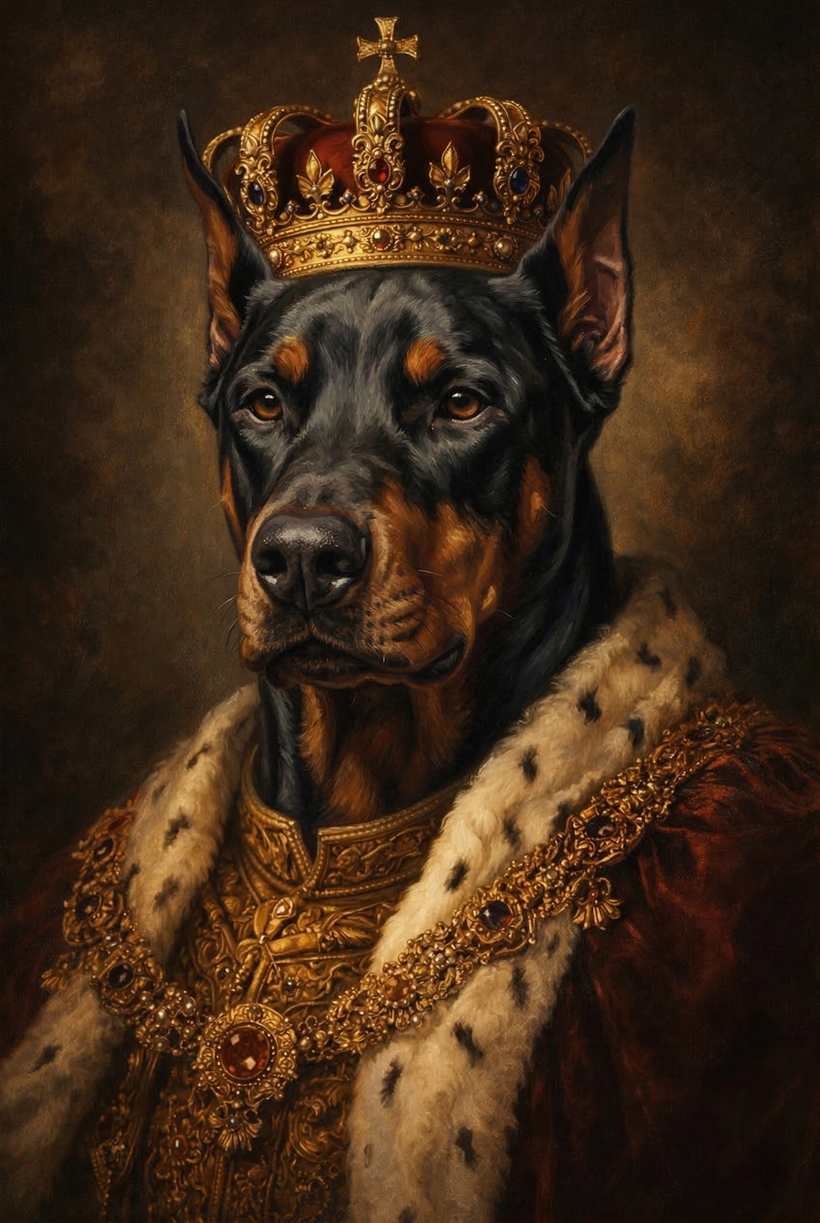 Dog wearing a crown and regal attire on a dark background