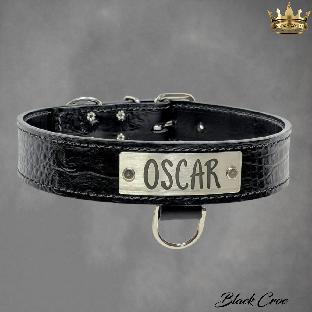 1.5-inch wide personalized black croco Italian leather dog collar with nameplate by Kingdom Collars