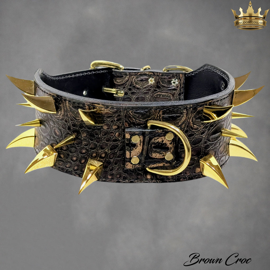 J10 - 2.5"–3" Wide Italian Leather Spiked Dog Collar | Dragon Claws & Tree Spikes