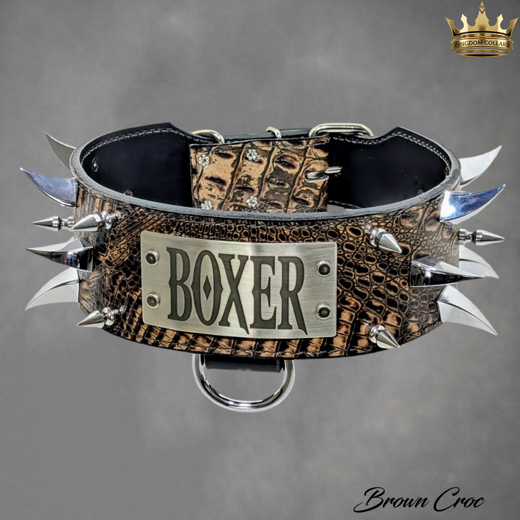 2.5"–3" Wide Italian Leather Spiked Dog Collar | Tree Spikes & Dragon Claws | Engraved Name Plate