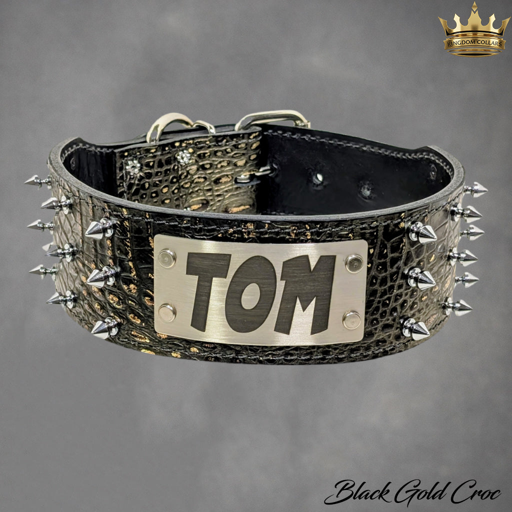 2.5"–3" Wide Italian Leather Spiked Dog Collar | 3 Row Tree Spikes | Engraved Name Plate