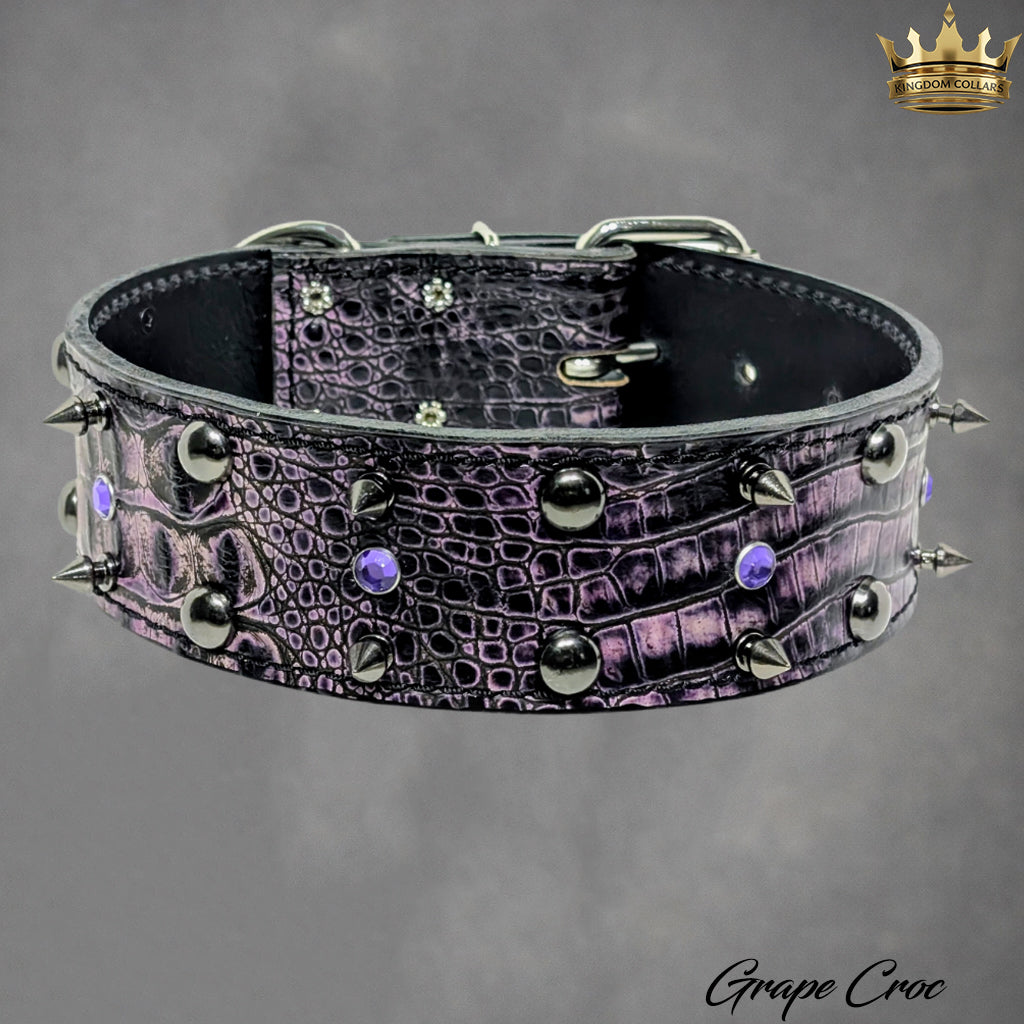 2" Wide Spiked & Studded Italian Leather Dog Collar | Gems, Spikes & Dome Studs