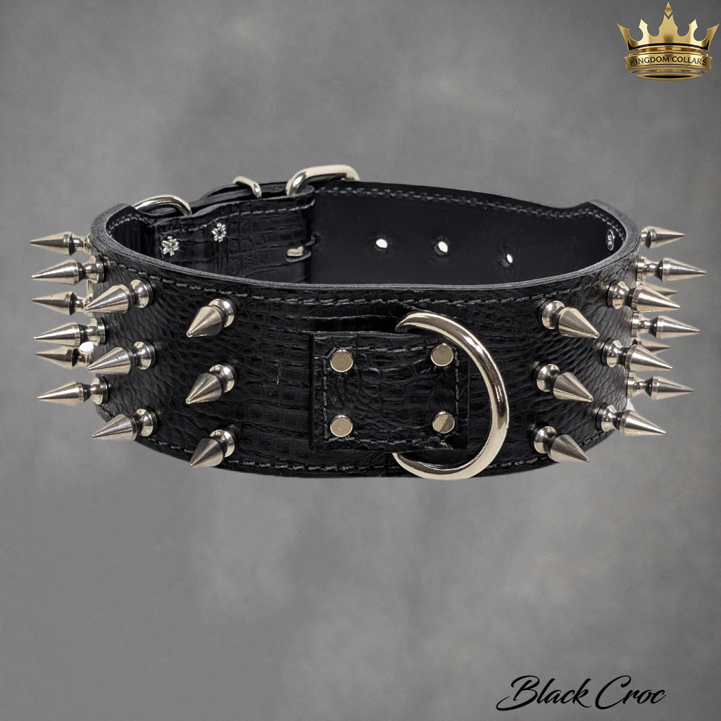 X43 – 2.5"–3" Wide Italian Leather Spiked Dog Collar | 3 Rows of 1" Tree Spikes