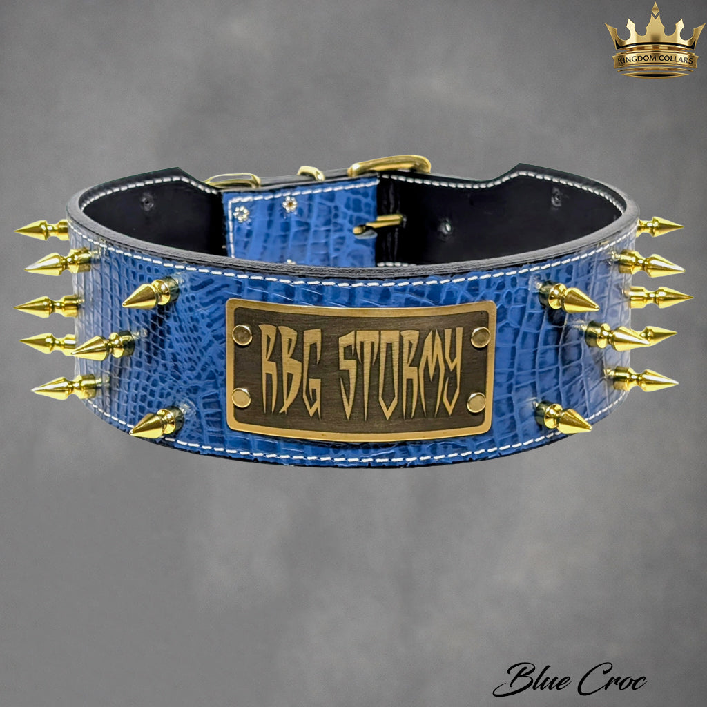 Blue crocodile-patterned dog collar with gold spikes and 'Rog Stormy' label on a gray background.