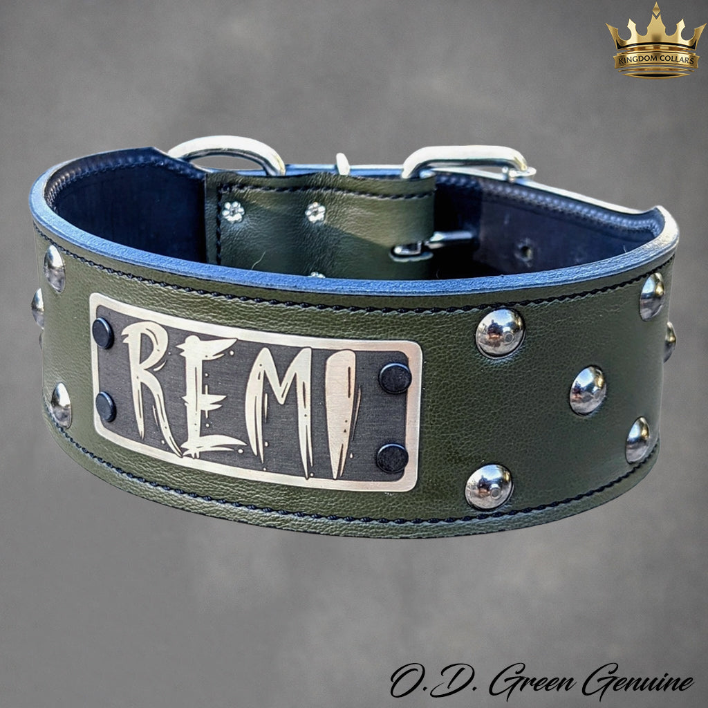 NX3 - 2.5"–3" Wide Personalized Italian Leather Studded Dog Collar | Dome Studs