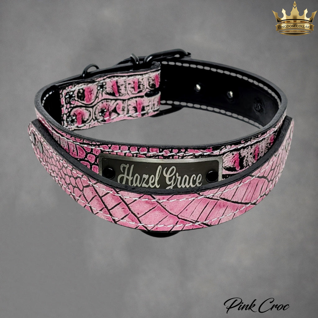 1.5" Wide Italian Leather Agitation Dog Collar | Matching Handle | Engraved Name Plate