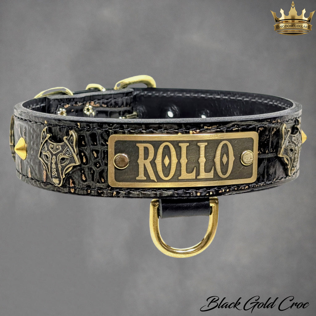TV16 - Custom Made 1.5" Wide Italian Leather “Viking Wolf” Dog Collar