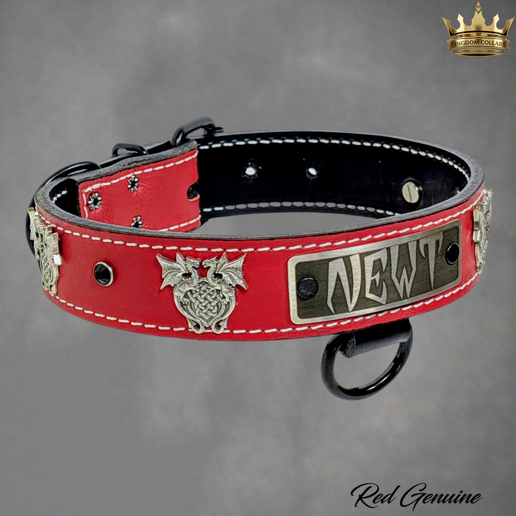 Red leather dog collar with decorative elements on a gray background