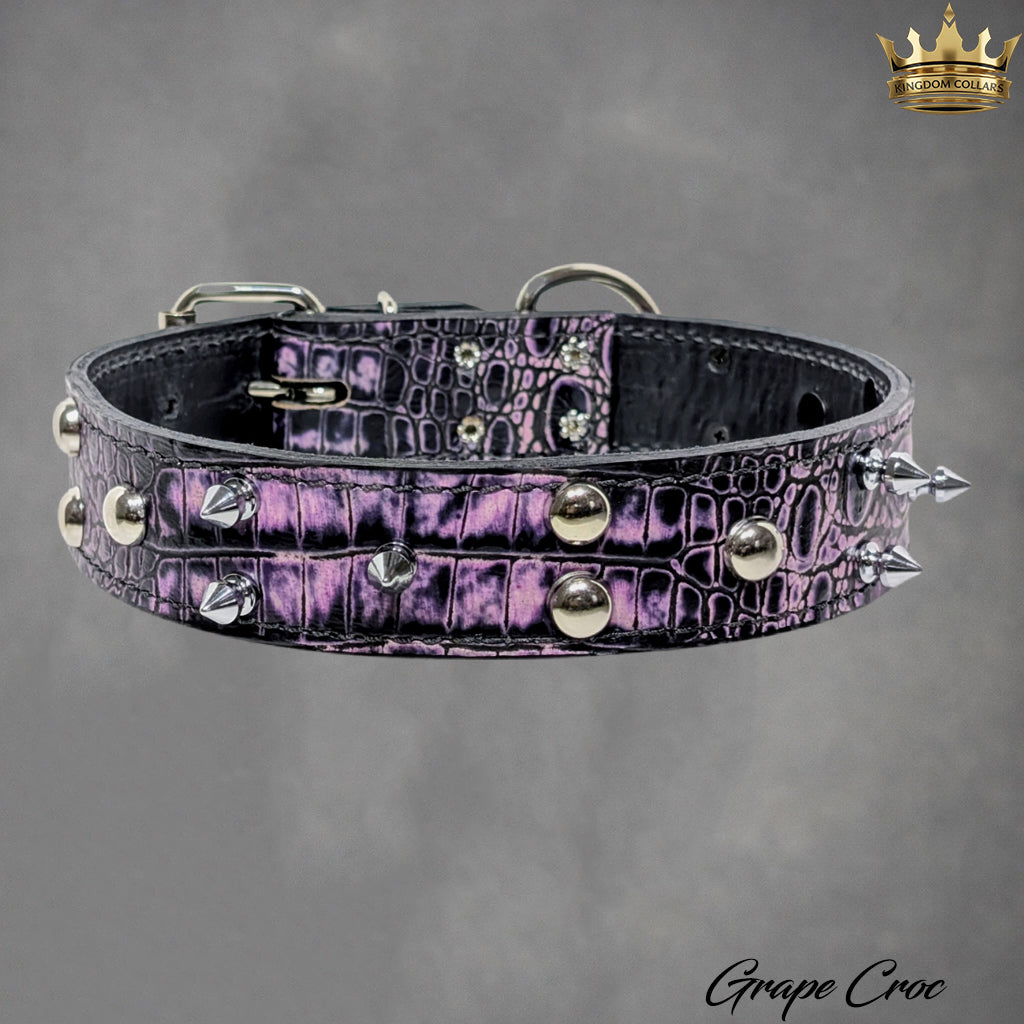 V33 - 1.5" Wide Italian Leather Dog Collar | Tree Spikes & Dome Studs