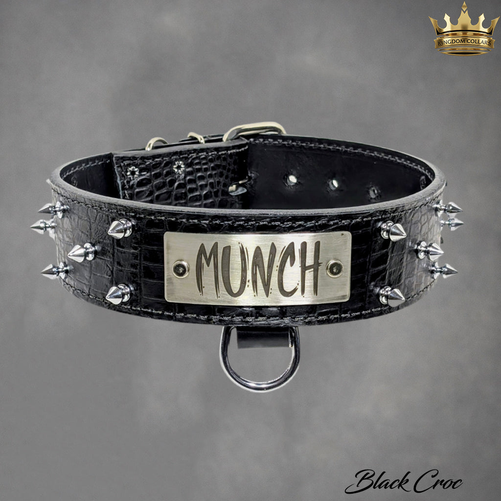 W46 - 2" Spiked Leather Dog Collar with Personalized Name Plate