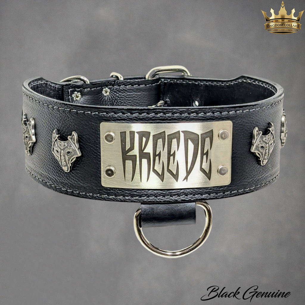 X38 - 2.5"–3" Wide Personalized Italian Leather Viking Wolf Collar | Viking Wolf Conchos