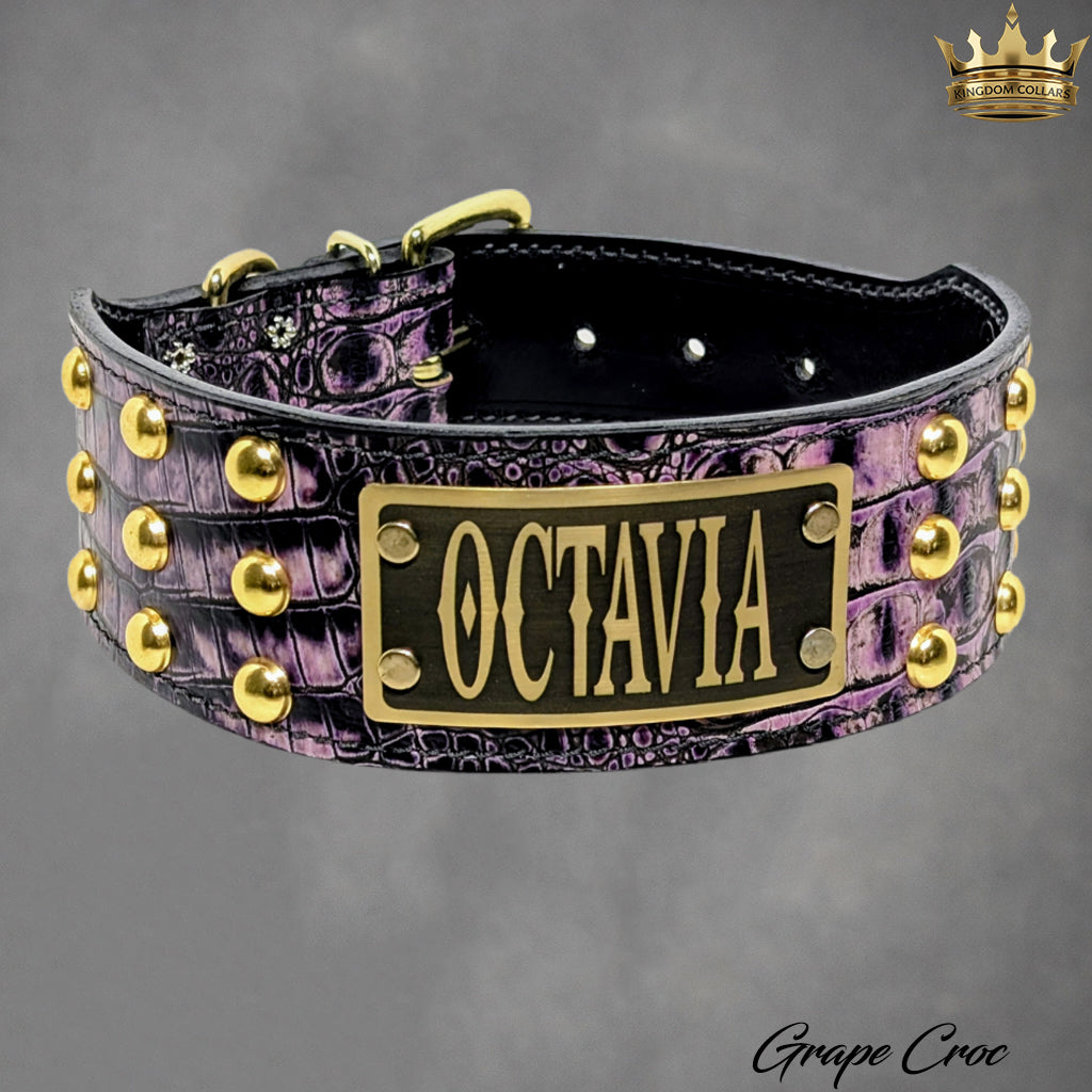 2.5"–3" Wide Italian Leather Studded Dog Collar | 3 Rows Dome Studs | Engraved Name Plate