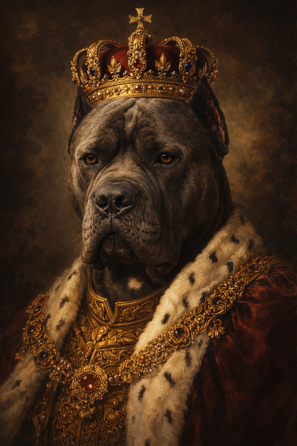 Dog wearing a crown and royal robe on a dark background