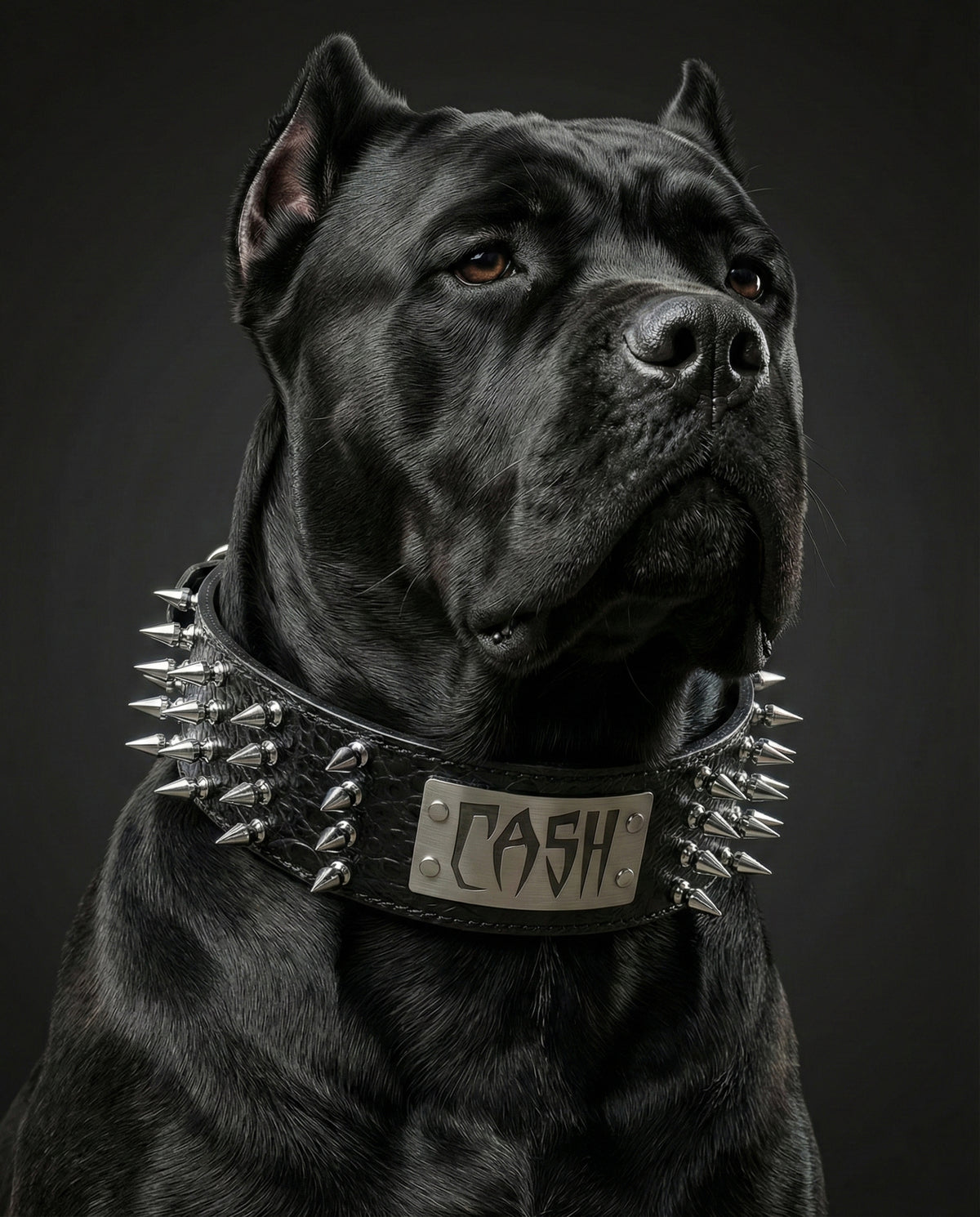 Black dog wearing a spiked collar with 'Cash' on a dark background