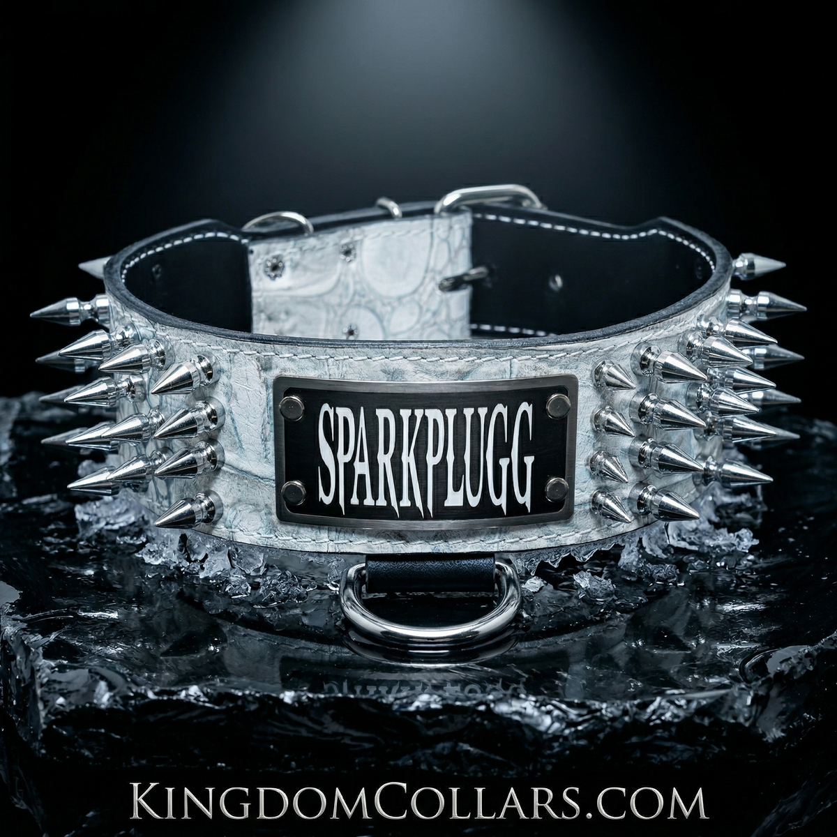 Leather collar with spikes and 'SPARKPLUGG' branding on a dark background