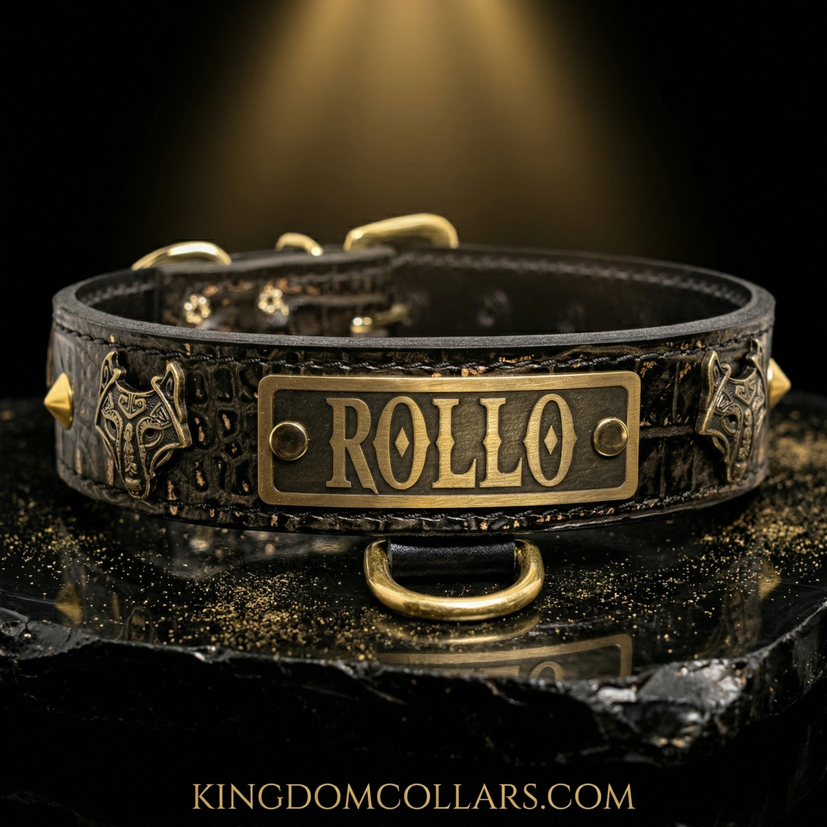 TV16 - Custom Made 1.5" Wide Italian Leather “Viking Wolf” Dog Collar