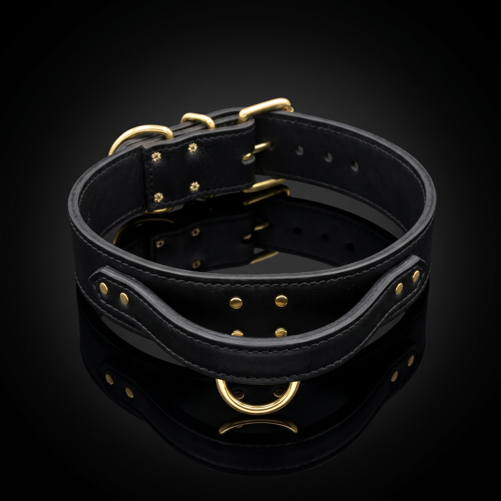 A black leather collar with gold-tone metal hardware, including D-rings, rivets, and a buckle, displayed on a reflective black surface.
