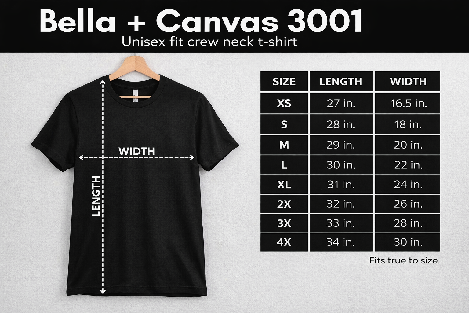Black t-shirt on a hanger with size chart for Bella + Canvas 3001 t-shirts.