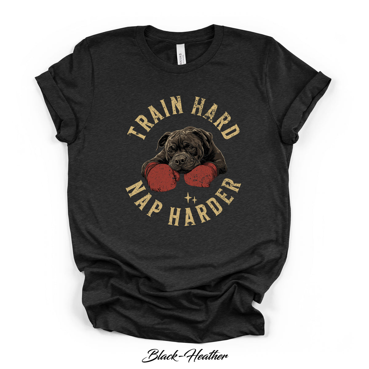 Train Hard Nap Harder Graphic Tee | Black | Direct-to-Garment Print | Bella Canvas 3001CVC