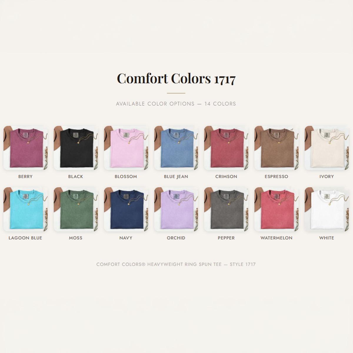 Display of Comfort Colors 1717 shirts in various colors on a white background