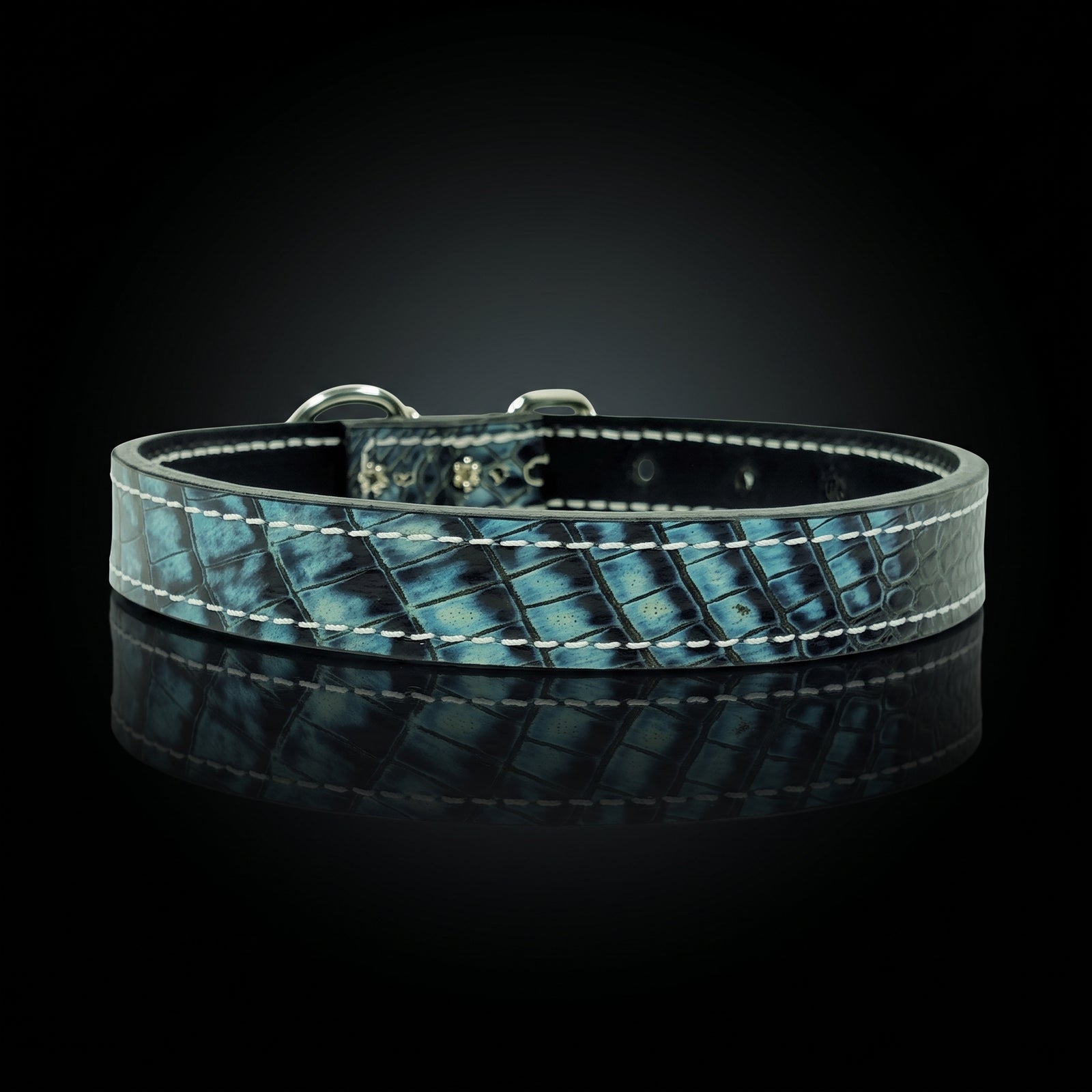 1-inch Caribbean blue Italian leather dog collar with roller buckle by Kingdom Collars