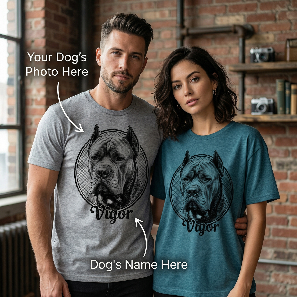 Custom Dog Portrait T-Shirt — Personalized Vintage Engraved Pet Tee