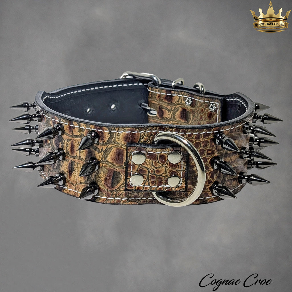X43 – 2.5"–3" Wide Italian Leather Spiked Dog Collar | 3 Rows of 1" Tree Spikes