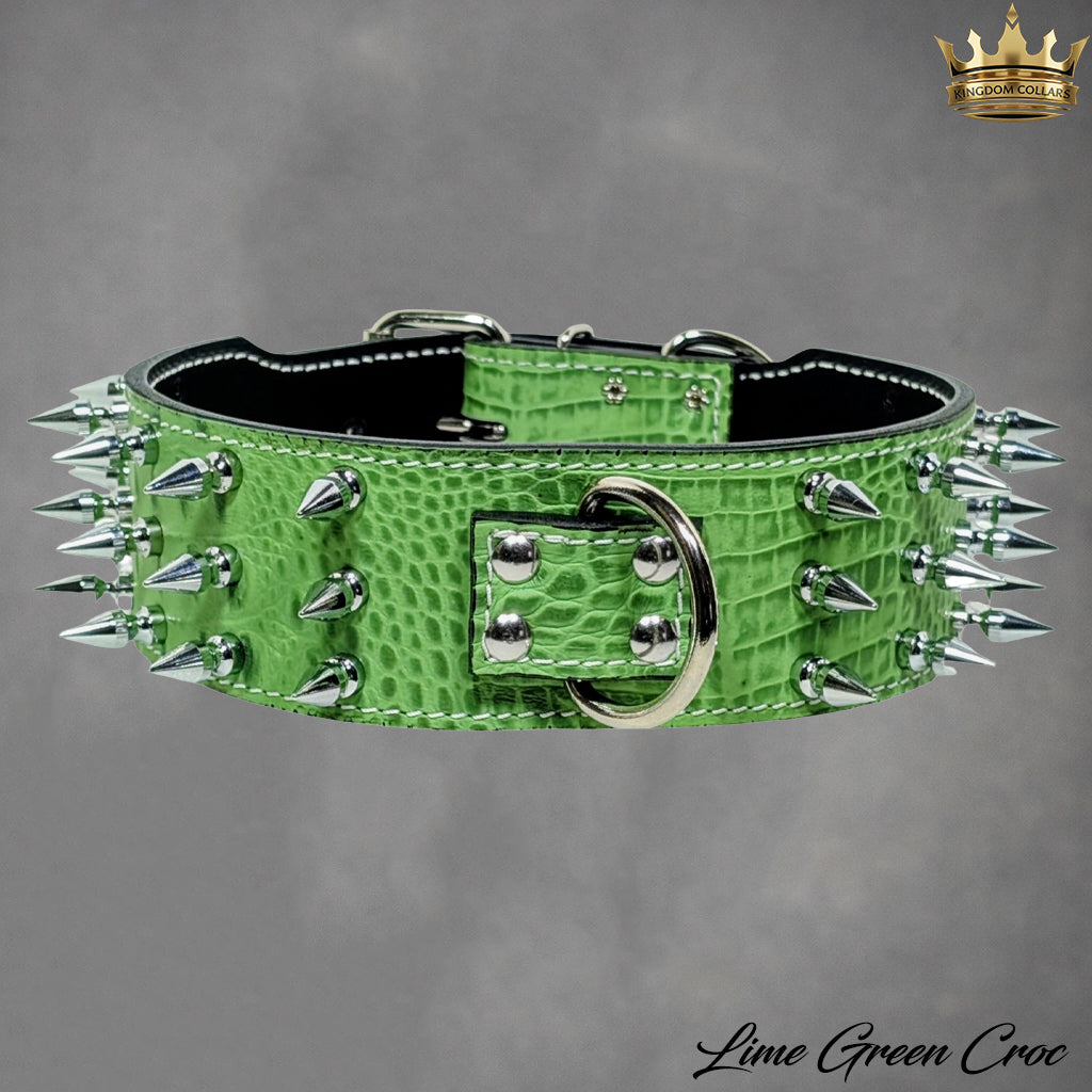 X43 – 2.5"–3" Wide Italian Leather Spiked Dog Collar | 3 Rows of 1" Tree Spikes