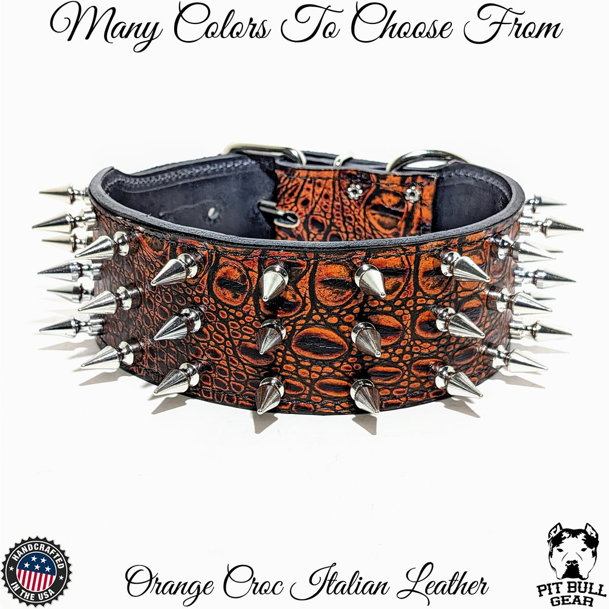 J17 - Custom 2.5" Wide Personalized Italian Leather Dog Collar with 3 Rows of 1" Tree Spikes