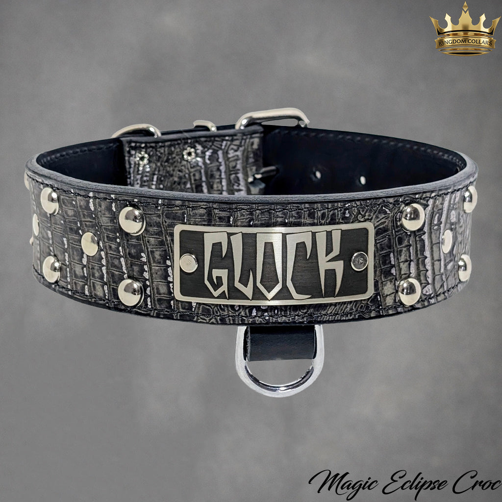 N12 - Coleira de cachorro de couro cravejada com placa de nome personalizada de 2"